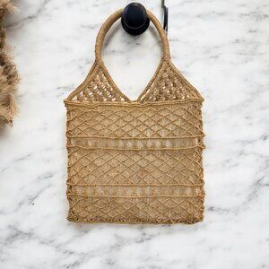 Vintage Crochet Jute Handbag With Lining Double Handles